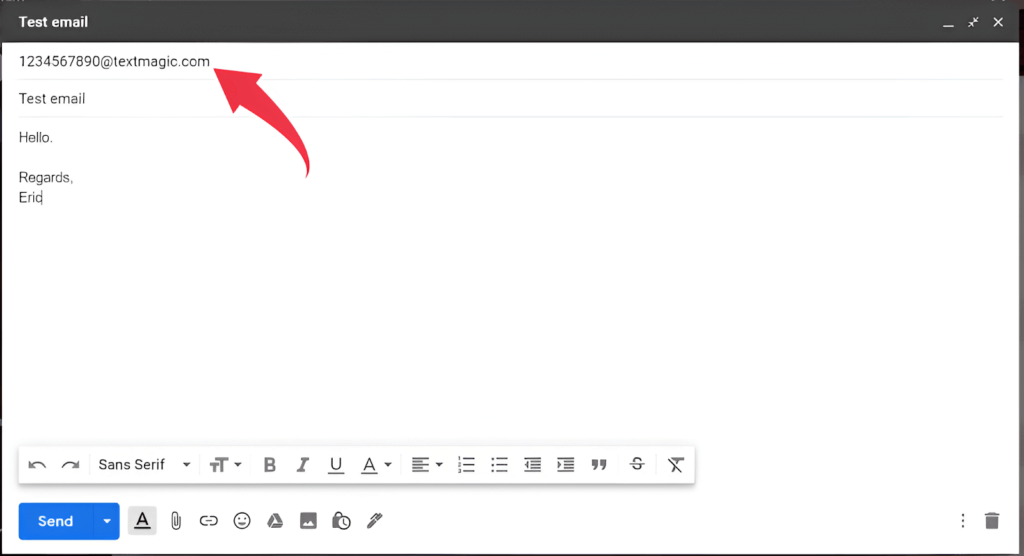 enviar texto de teste pelo gmail