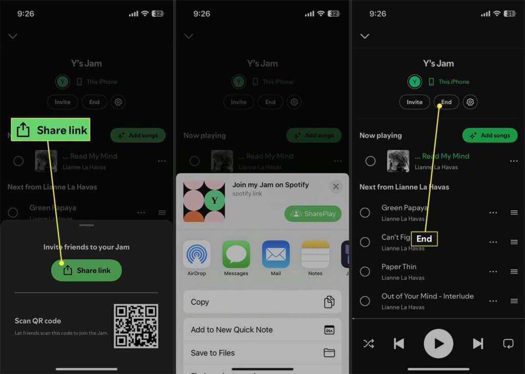 Esempio di copia e incolla degli URL dei brani da Spotify