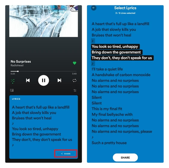 share lyrics on spotify
