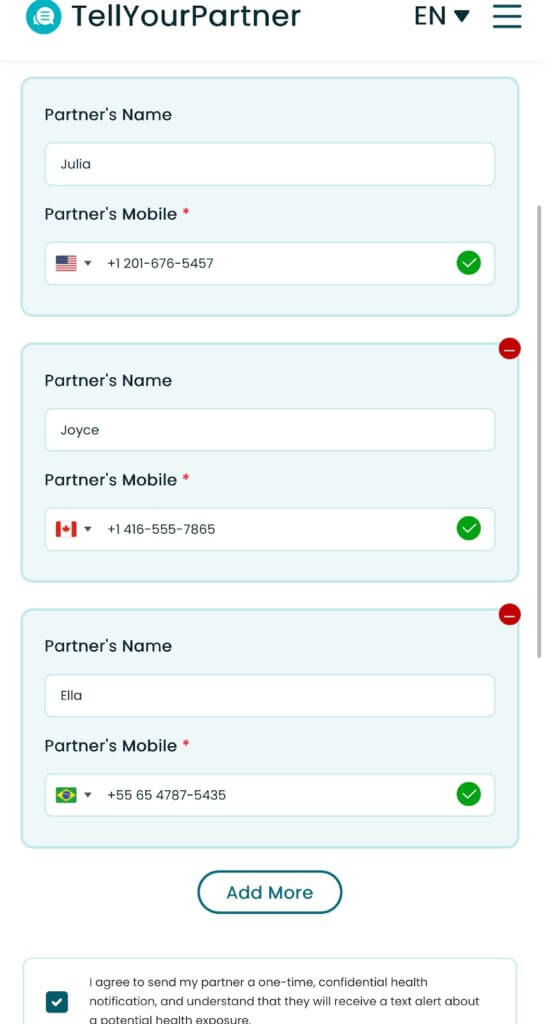 type in the recipient numbers on TellYourPartner