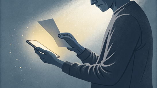 Illustration A pair of hands holding a glowing document symbolizes that gaining health knowledge is a power in itself, regardless of the outcome