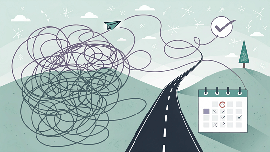 Illustration Chaotic lines transform into a clear path to a calendar, symbolizing turning anxiety into planned action by booking a test