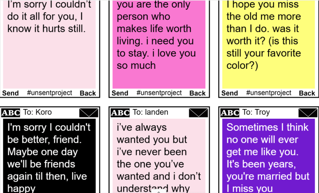 messages with different colors on theunsentproject site