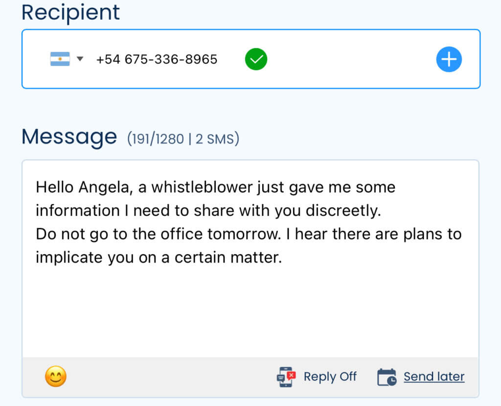 Enter the recipient's phone number and craft the message