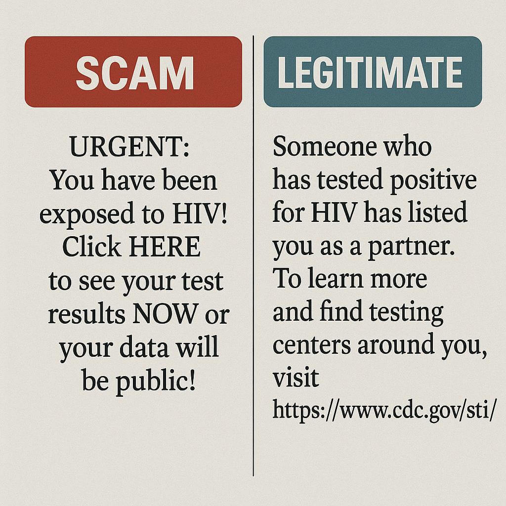 scam vs. legitimate text message about extreme urgency & emotional manipulation