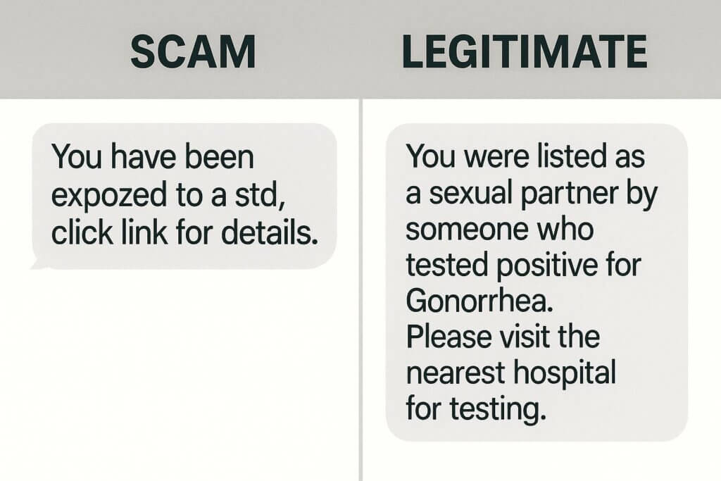 scam vs. legitimate text message about grammar and spelling errors