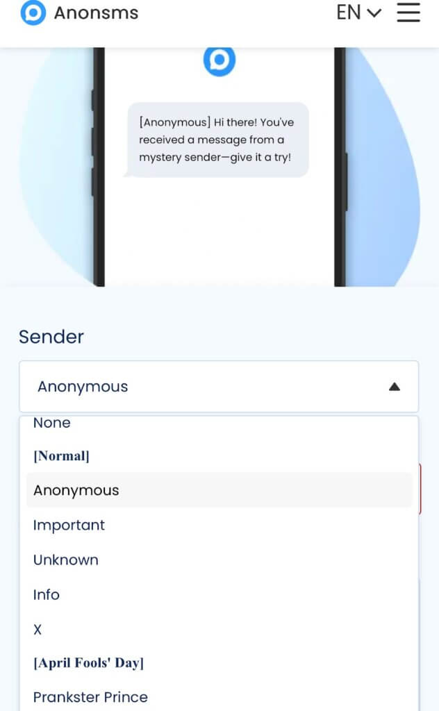 Go to Anonsms.com website and choose your preferred Sender ID
