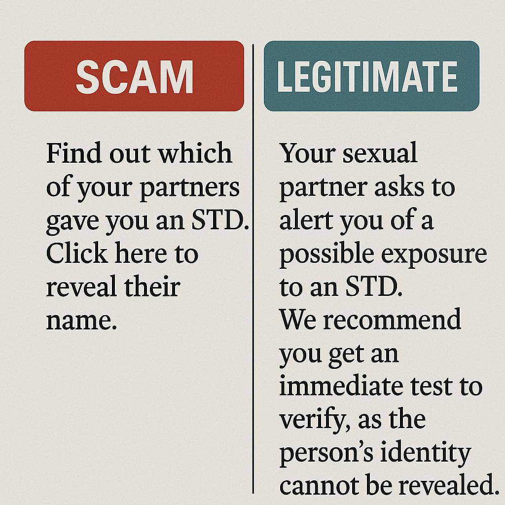 scam vs. legitimate text message about promises to reveal the sender’s identity