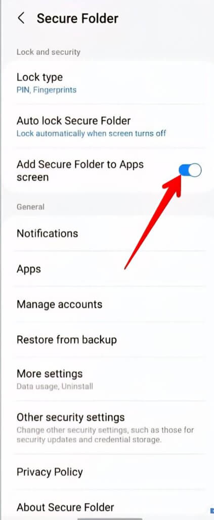 Toggle off Add Secure Folder to Apps Screen on Android