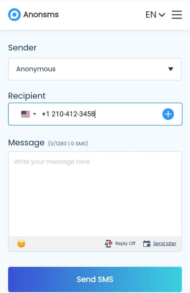 Enter the recipient's 10-digit number which must contain the dialing code 210 on Anonsms