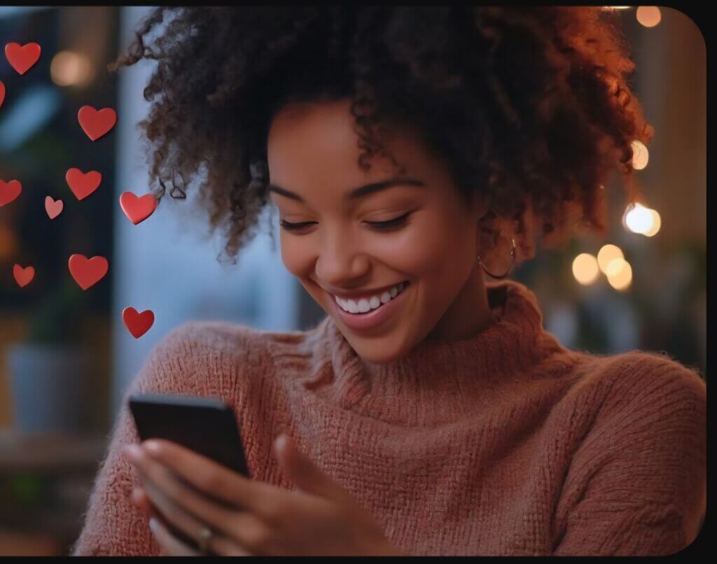 A woman smiles after receiving Romantic Love Messages