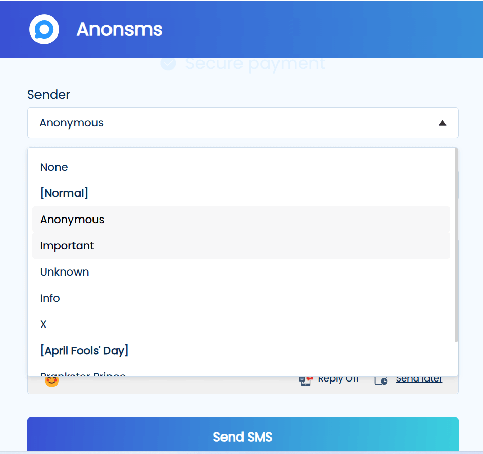 select an anonymous sender on Anonsms