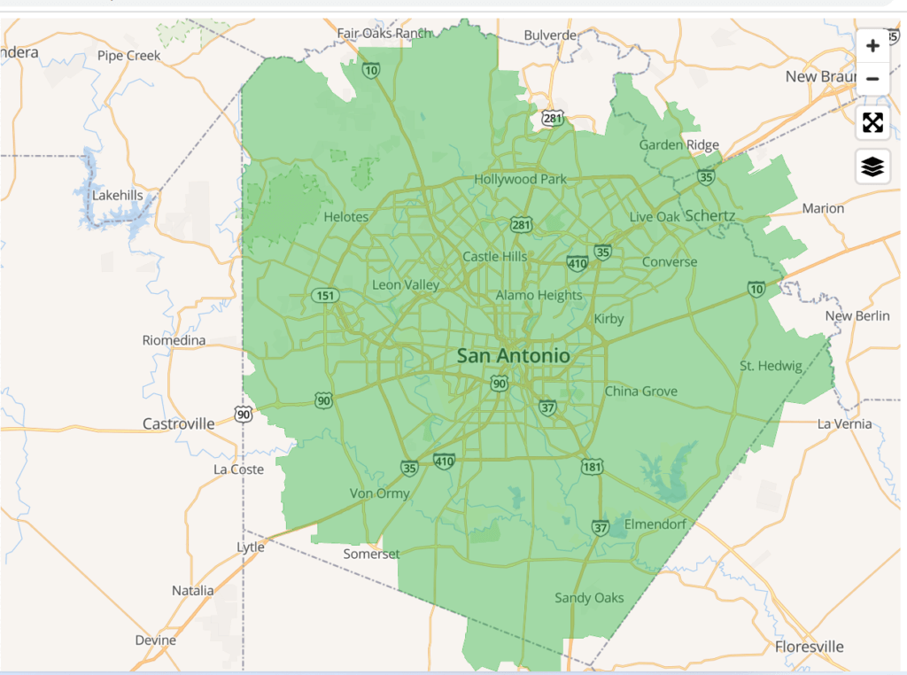 The 210 area code region is shown in green.