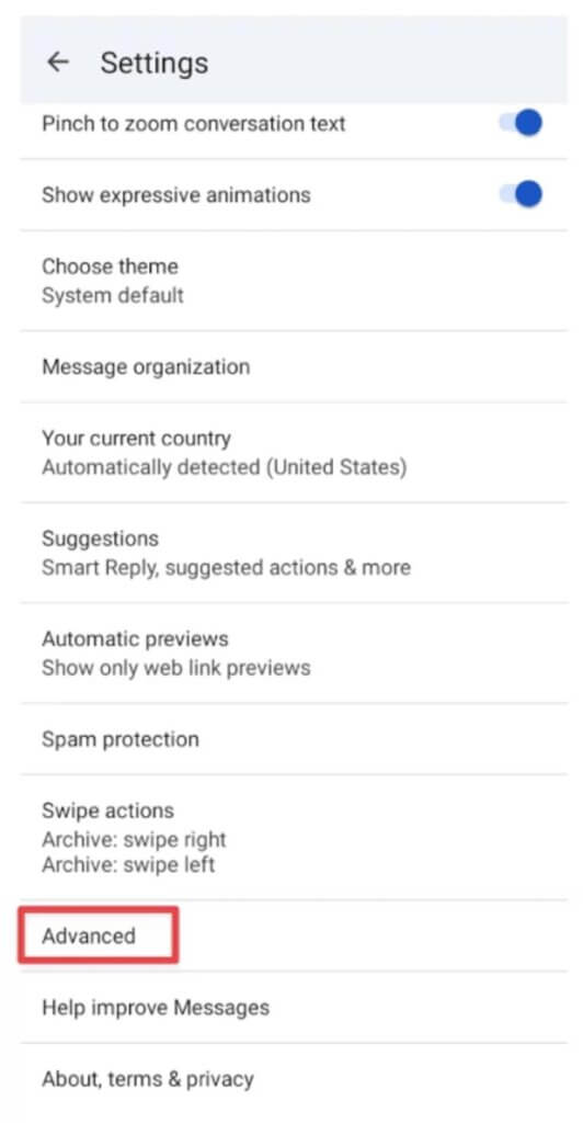 messages settings advanced