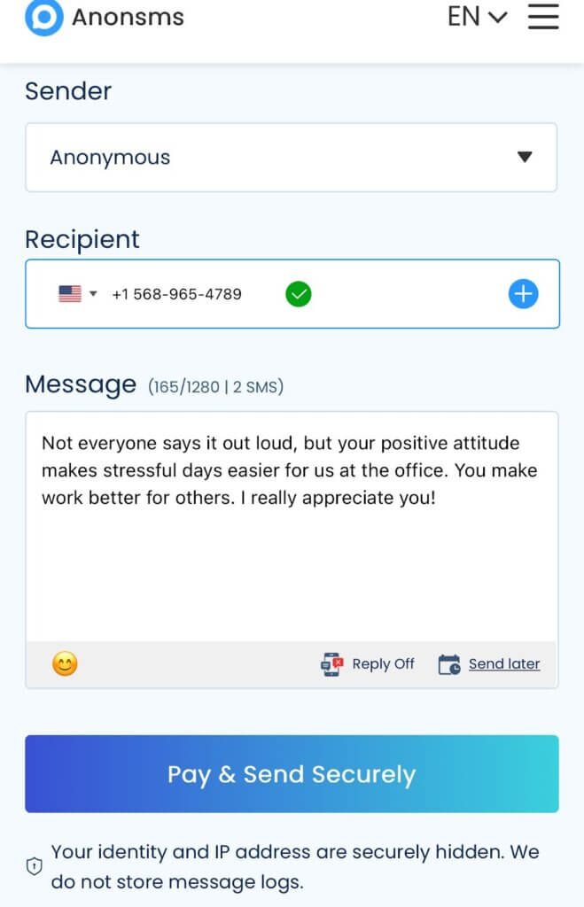 send the appreciation message via Anonsms