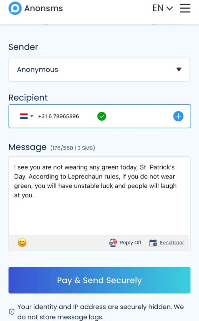 Send Leprechaun Text Message via Anonsms